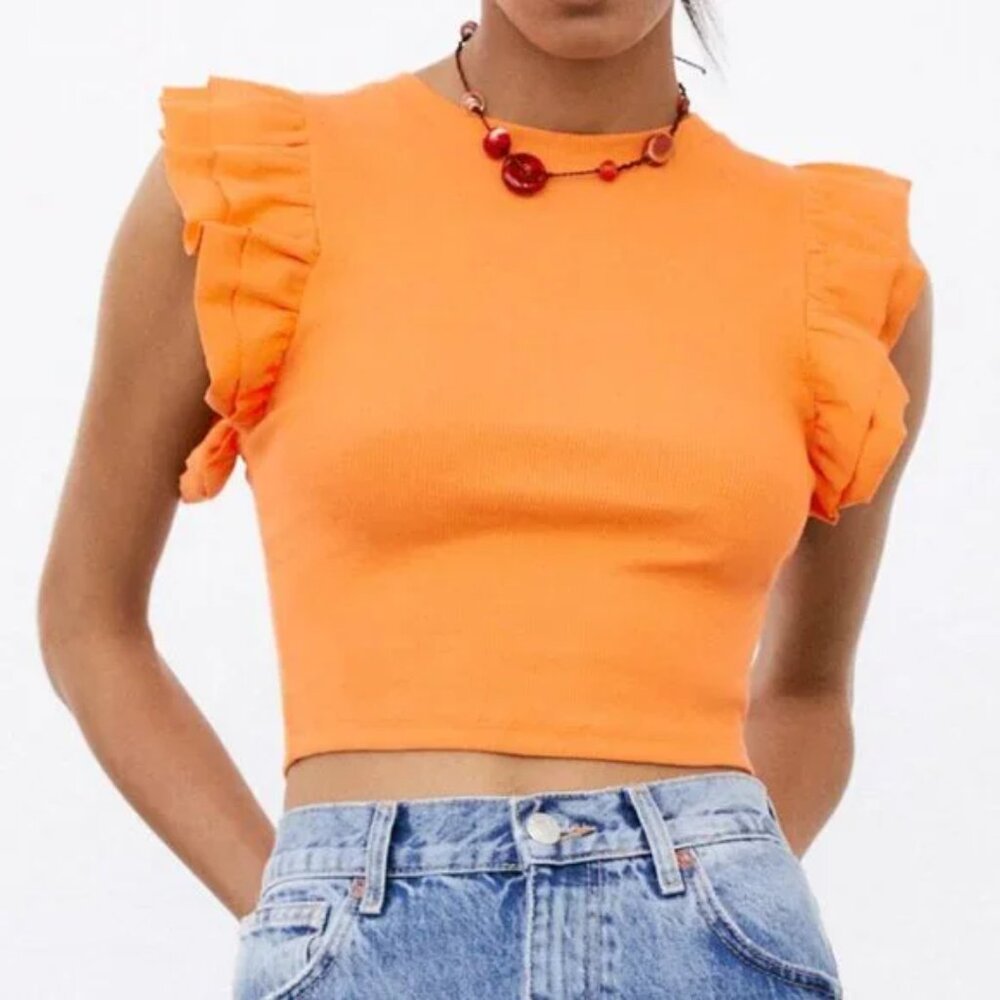 Zara Orange Ribbed Ruffle Sleeve Cropped Top